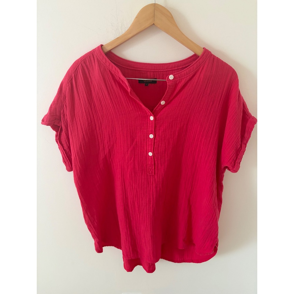 Quince Organic Cotton Double Gauze Short Sleeve Henley Top Pink Large
